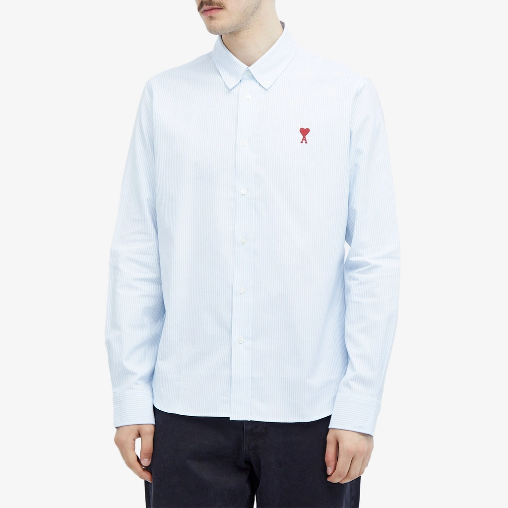 AMI Paris Men's Heart Striped Button Down Oxford Shirt Sky Blue/Natural White